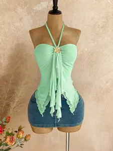 Women's Summer Light Feminine Halter Top with Metal Flower Decoration, Sexy Beach Party Spaghetti Strap Backless Vest, Casual Holiday Wear Metallic Fit