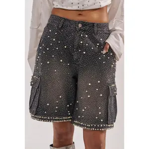 BLINGED OUT CARGO SHORTS IN BLACK