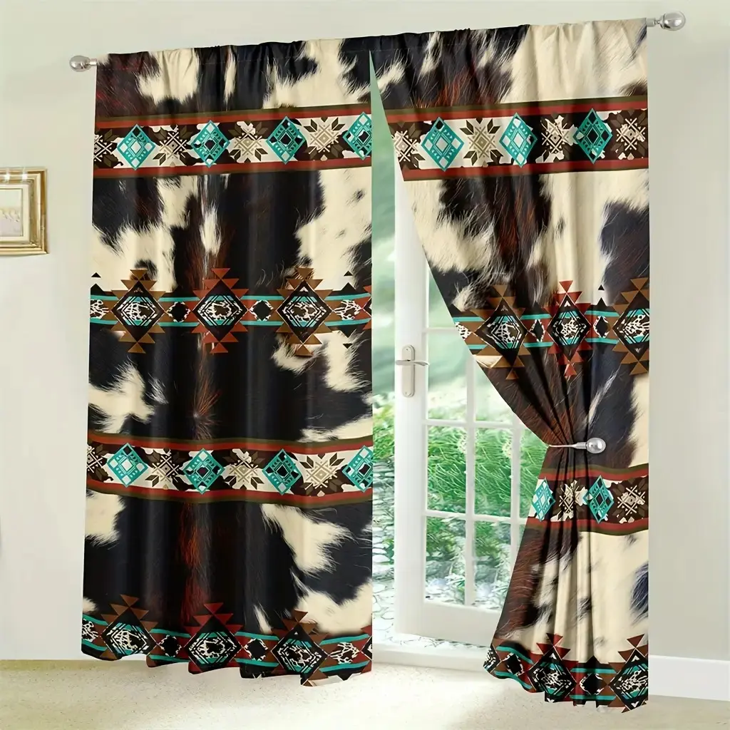 2-Piece Western Aztec Style Window Decor Curtains - Brown & Teal Geometric Ethnic Print, Lightweight Polyester for Bedroom & Living Room, Ideal Gift for Women, Ethnic Print Curtains