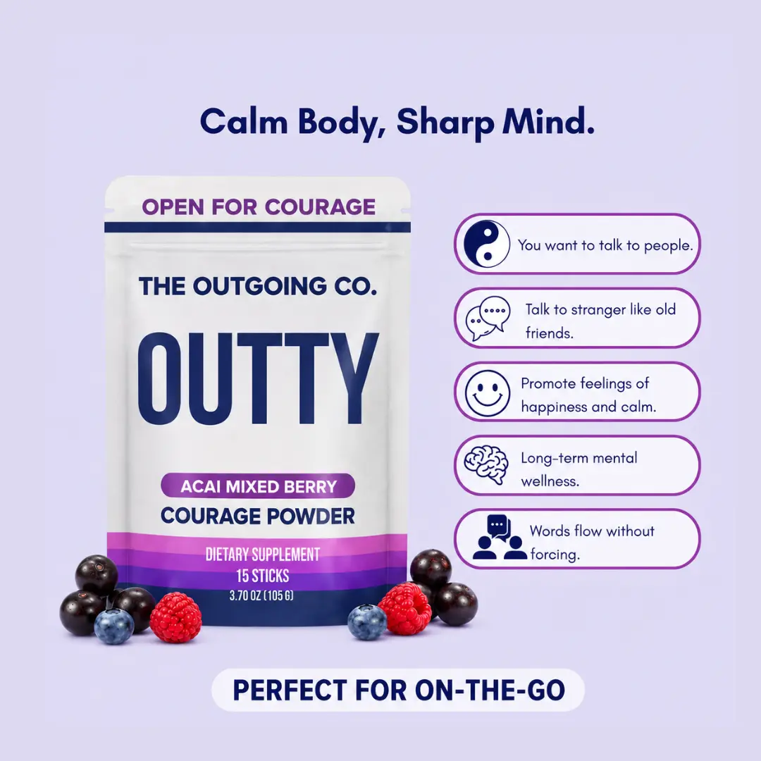 The Outgoing Co. Outty Courage Powder 15 Pack Social Nootropic for Enhanced Confidence & Interactions Acai Mixed Berry Flavor Nootropics & Adaptogens Social Battery Boost