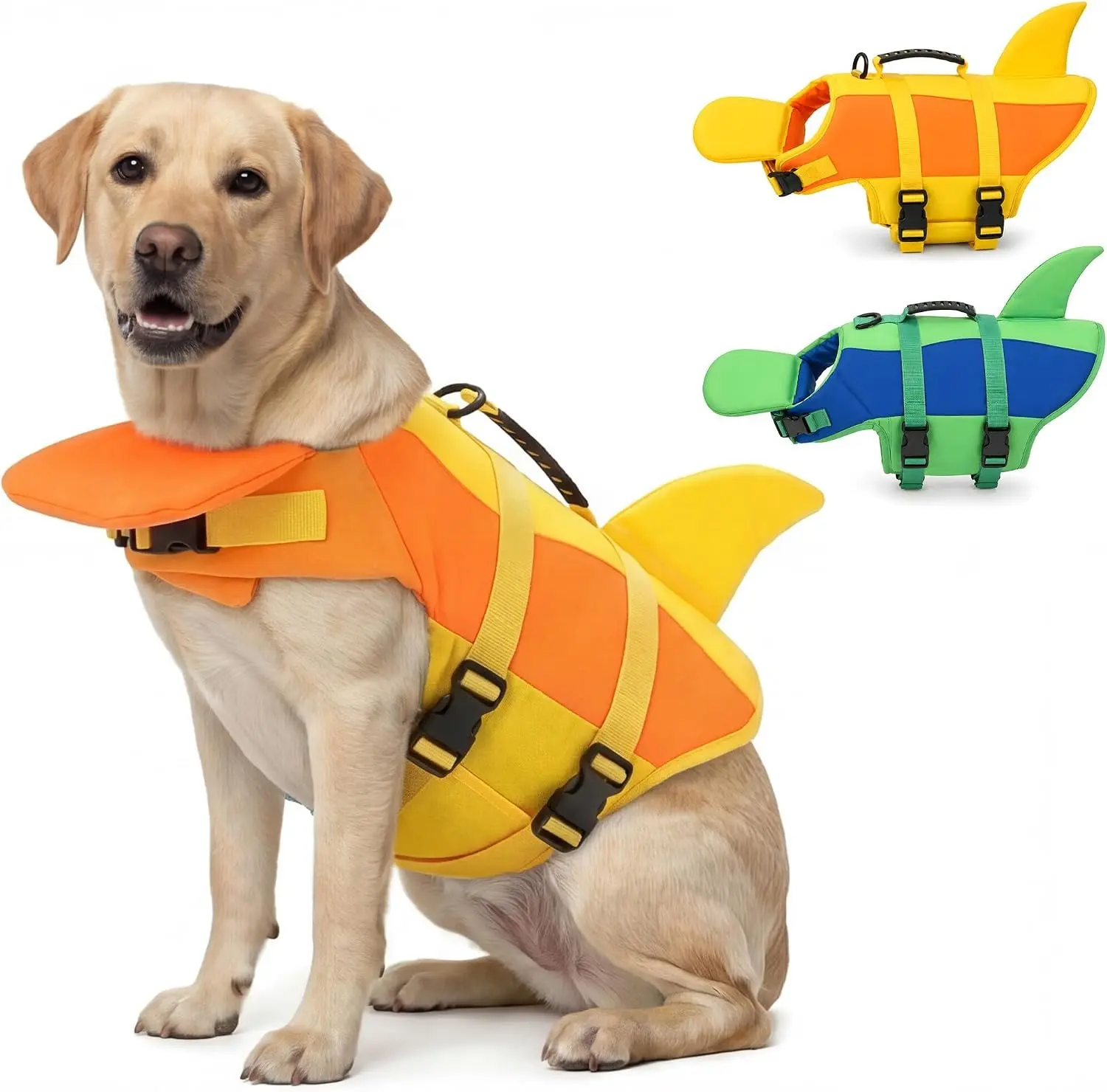 SMALLLEE_LUCKY_STORE Cute Shark Dog Life Jacket for Small Medium Large Dogs, Safety Life Vest with Front Chin Float and Rescue Handle High Buoyancy Puppy Floating Swim Vest,Yellow,XL