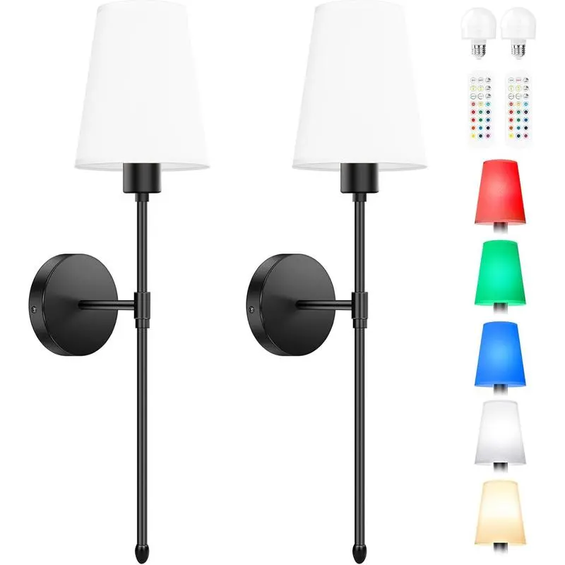 MATULSA 2-Piece Contemporary Decorative Wall Lamps - Wireless Rechargeable Indoor Lighting with Metal Stand, White Fabric Shades, Included LEDs, Remote Control, Adjustable RGB Dimming for Bathroom Vanity, Dining Room