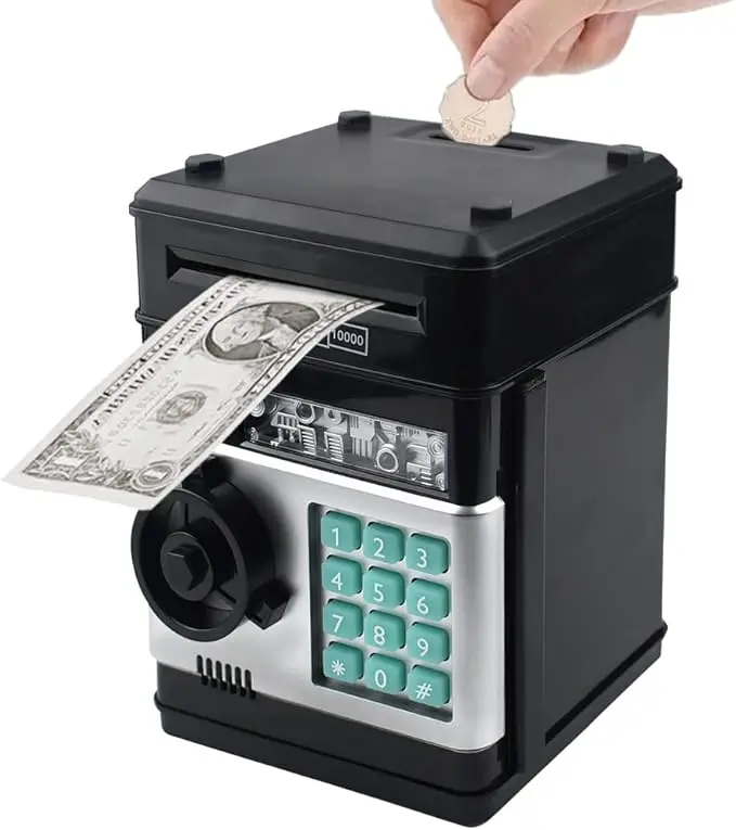Mini ATM Piggy Bank Savings Box - Password Code Lock, Secure Electronic Safe, Real Money Counter, Coin Drop Feature for Young Savers (Perfect Gift)