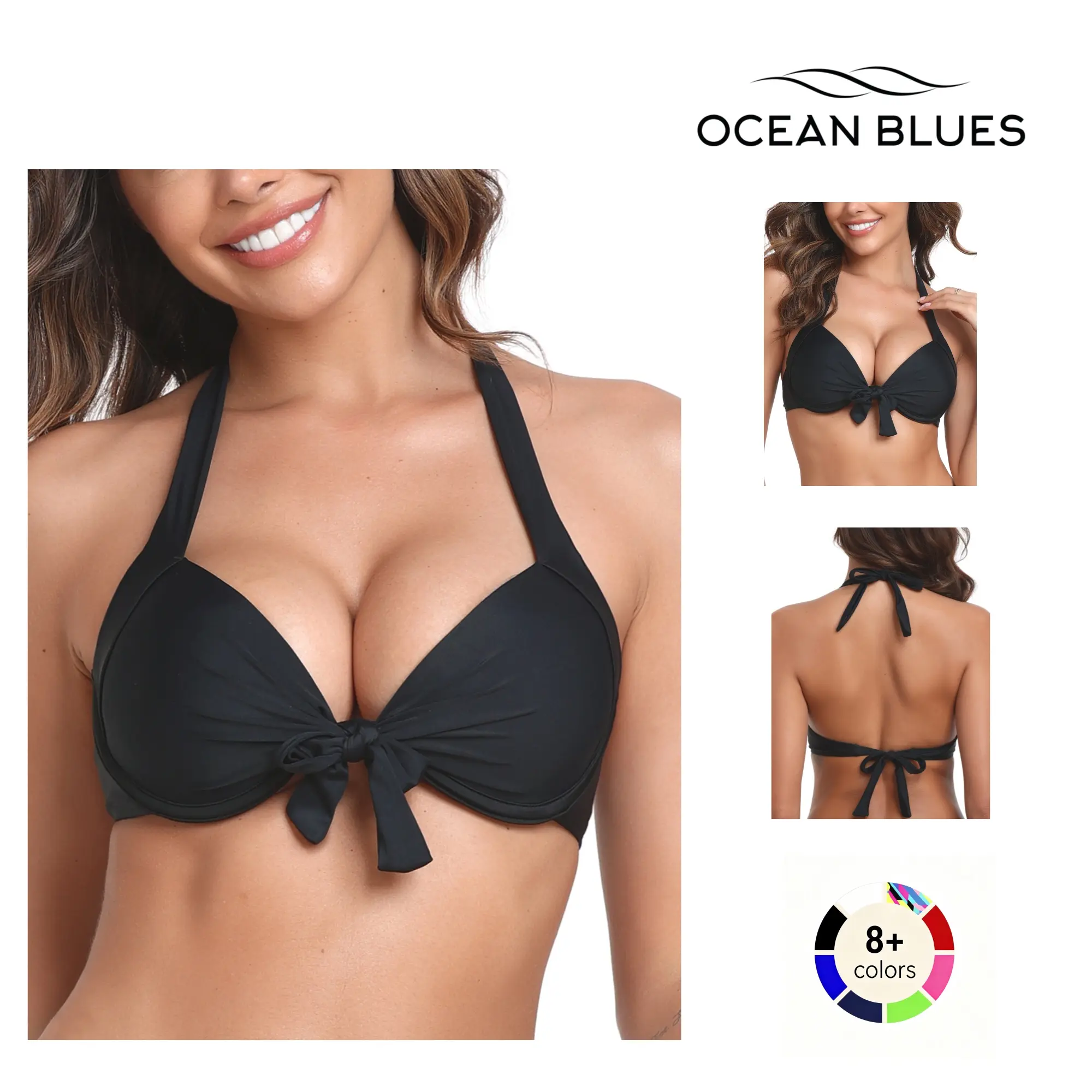 Women's Ocean Blues Halter Neck Push-Up Bikini Top - Skin-Friendly Bathing Suit for Plus Sizes, Beach Swimwear (TikTok Shop Back to School), Bathing Suits, Bikini Sets