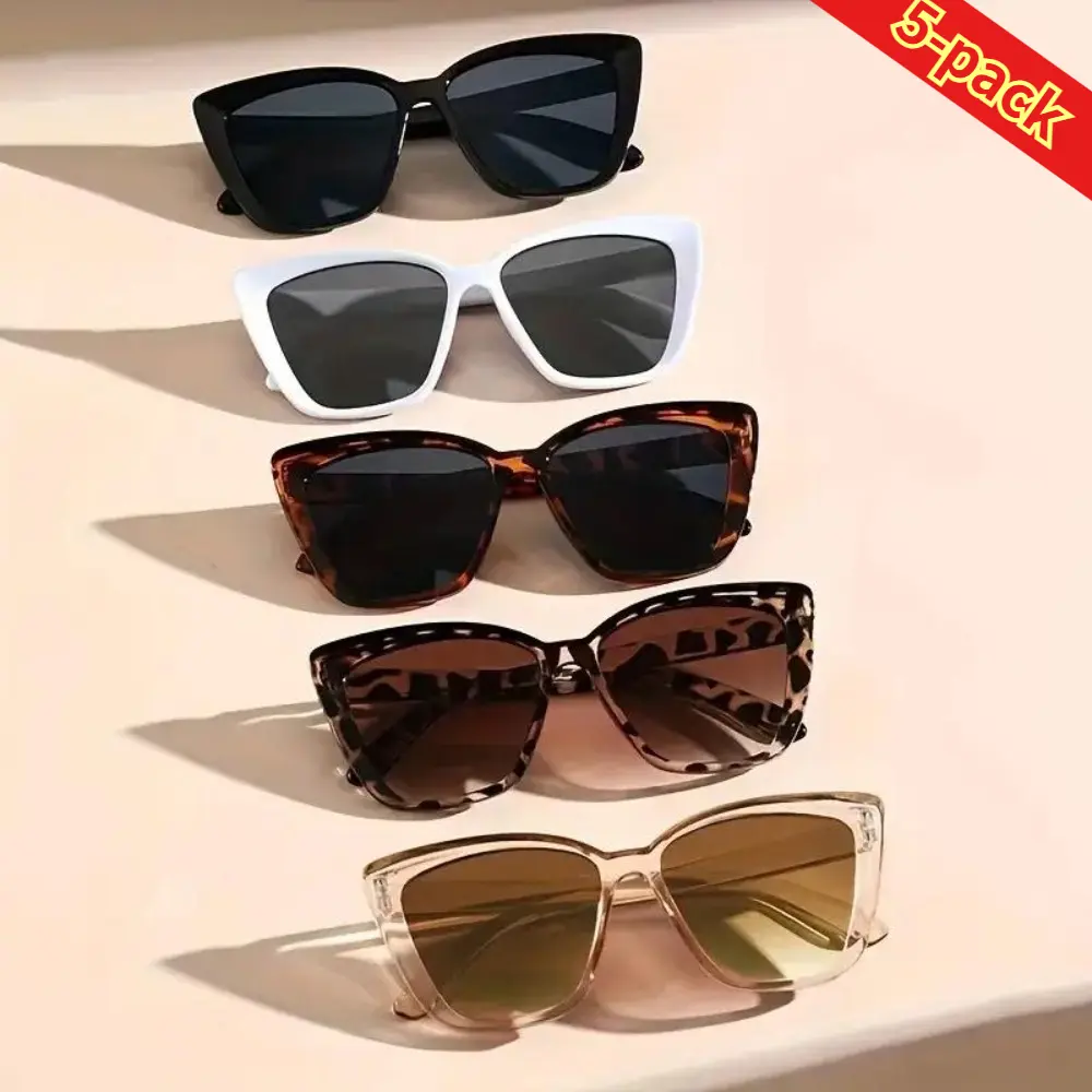 Women's Oversized Vintage Cat Eye Sunglasses Set (5PCS Bulk), Anti-UV UV375 Protection Lenses, Lightweight PC Frame, Semi-Rimless Unisex Eyewear for Summer Travel, Driving, Womens Sunglasses, Bulk Women's Sunglasses