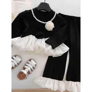 Chic Little Girl Fashion Set - Black Style Top with Floral Embroidery and Ruffled Edges + Ruffled Wide - Leg Pants, New Autumn Style for Young Girls, Loose, Comfortable and Stylish Set, Perfect for, Christmas Dress, Girls Christmas Outfit, Girls Clothes,