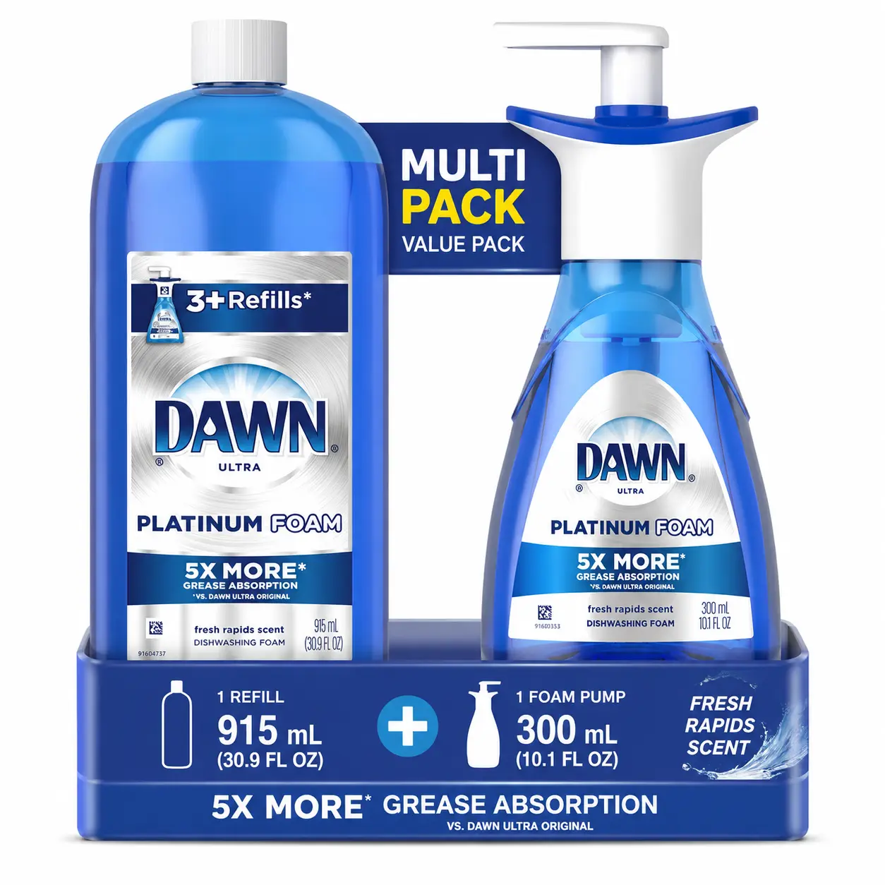 Dawn Platinum Erasing Dish Foam, Dishwashing Soap Pump And Refill Fresh Rapids Scent Kit (41 Fl oz).