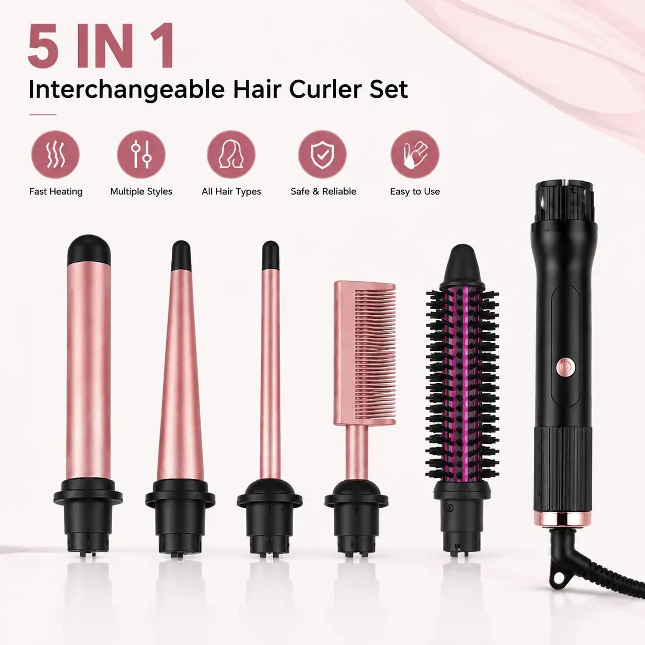 5 in 1 Hair Curler Set for Women - Interchangeable Curling Wand with Ceramic Barrels for Beach Waves, Volume Curls & Everyday Styling