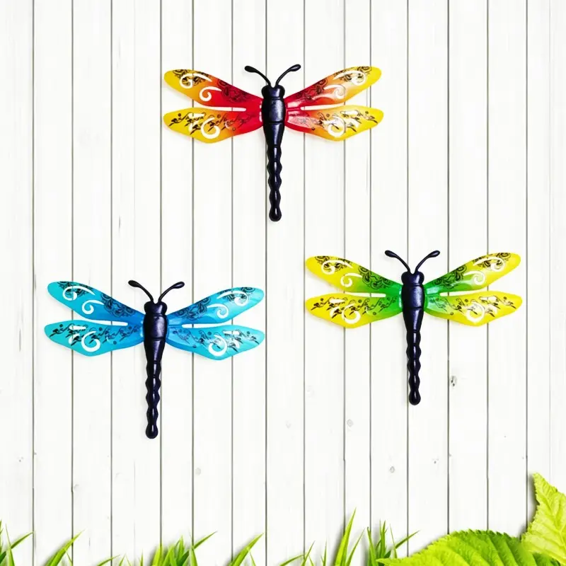3 Pack Colorful Metal Dragonfly Wall Decor, Hand-Painted Outdoor Wall Art, Outdoor Garden Accessory, Hanging Sculpture for Garden, Patio, Home Decor, Garden Sculptures Statues, Exterior Decorative Statues