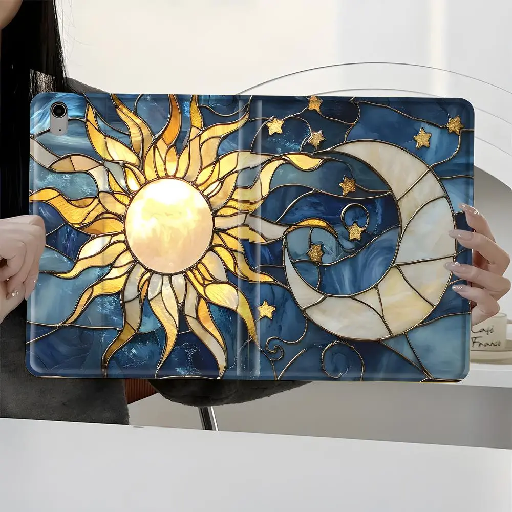 Stained Glass Sun Moon Art Deco Celestial Design iPad Book Case, Ipad Accessories, for iPad Pro with pencil slot, suitable for iPad mini, air Scratch-resistant ultra-thin Cover, shock-resistant full cover case suitable for home, office Protection