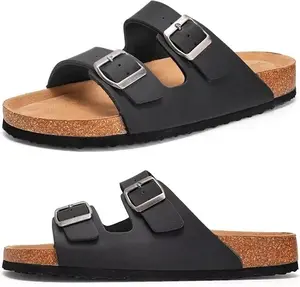 Unisex Genuine Suede Summer Sandals Arch Support Cork Footbed Slide Sandals with Double Adjustable Buckle for Women Men