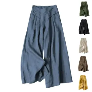 Women's Cotton Linen Culottes Pants Elastic Waist Wide Leg Palazzo Trousers Capri Pants with Pockets