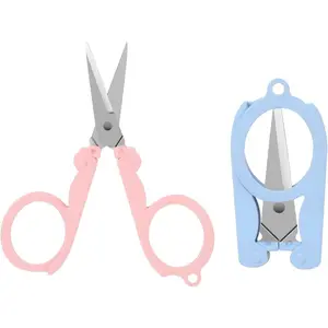 2Pcs Mini Folding Badge Reel Scissors Stainless Steel Scissors with Safety Cap - Mini Shear Tiny Cutter for Crafting, Sewing, Travel