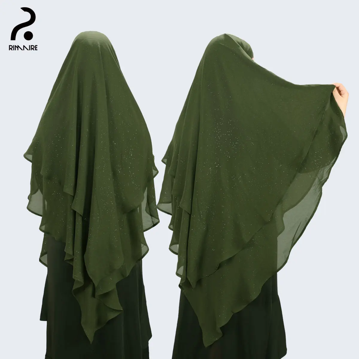 Women's 2-Layer Chiffon Khimar with Diamond Accents - Instant Large Layered Hijab, Soft Breathable Dubai Style Modest Scarf, Clothing for Muslim, Instant Large Hijabs, Wrap, Breathable Chiffon, Dubai‑Style Shine