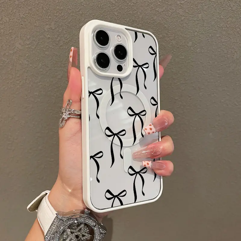 Trendy Magnetic Smartphone Case for iPhone 11/12/13/14/15/16 Pro Max - Black Bow Design, MagSafe Ready, Ultra Thin, Shockproof, Handheld Device Protection with Impact Resistance, Cute Pick for Girls