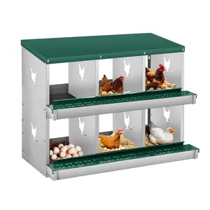 GAOMON 6 Holes Chicken Nesting Box, Heavy Duty Galvanized Steel Metal Laying Boxes with 10 Pads & 4 Fake Eggs, Roll Away Nesting Box Egg Collection Tray, with Roosting Pole for Chicken Coop, Green