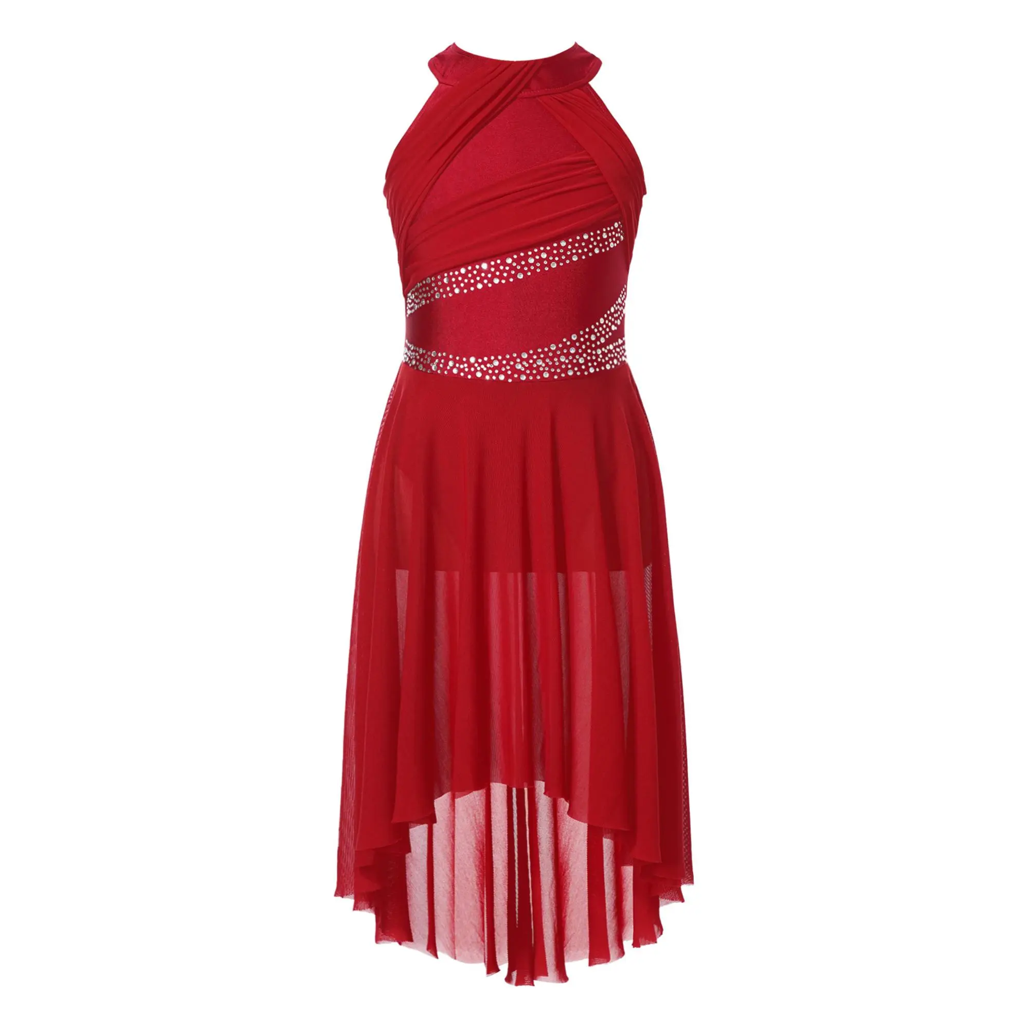 Girls' Kids' Sleeveless Rhinestone Ruched Lyrical Dance Dress Costume Skirt with Built-in Briefs, No Extra Undergarments Needed for Stage-Ready Lyrical Look