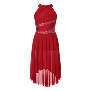 Kids Girls Sleeveless Rhinestone Ruched Lyrical Dance Dress Costume Skirt