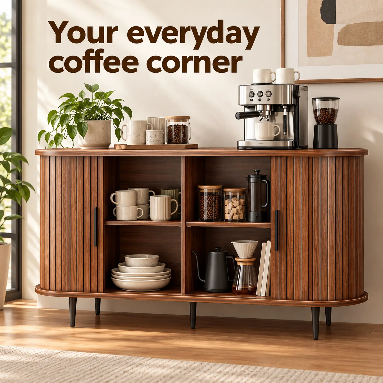 47''W x 29''H Buffet Sideboard Cabinet with Storage, Fluted Storage Accent Cabinet with Curvy Edge, Sliding Door, Credenza, Console Table for Living, Dining Room, Kitchen, Hallway ( WALNUT )
