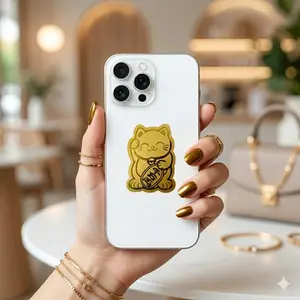 Maneki-neko sticker keychain — wealth, career, confidence, positive energy, feng shui, improve fortune; Chinese energy jewelry/charm; unisex gift