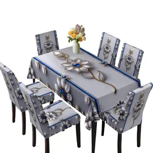 Luxury Floral Tablecloth and Chair Cover Set in with Blue Diamonds, Elegant Dining Room Decor for All Seasons, Exquisite Fabric Dining Set, Dining Chair Protector, Dining Chair Slipcover, Chair Covers Set