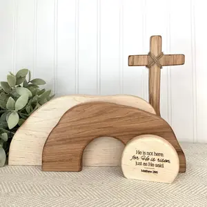 4pcs Wooden Empty Tomb Easter Decor, Religious Resurrection Scene, Christian Easter Decorations for Home, Easter Gift, Empty Tomb Decoration, Wooden Cross Set