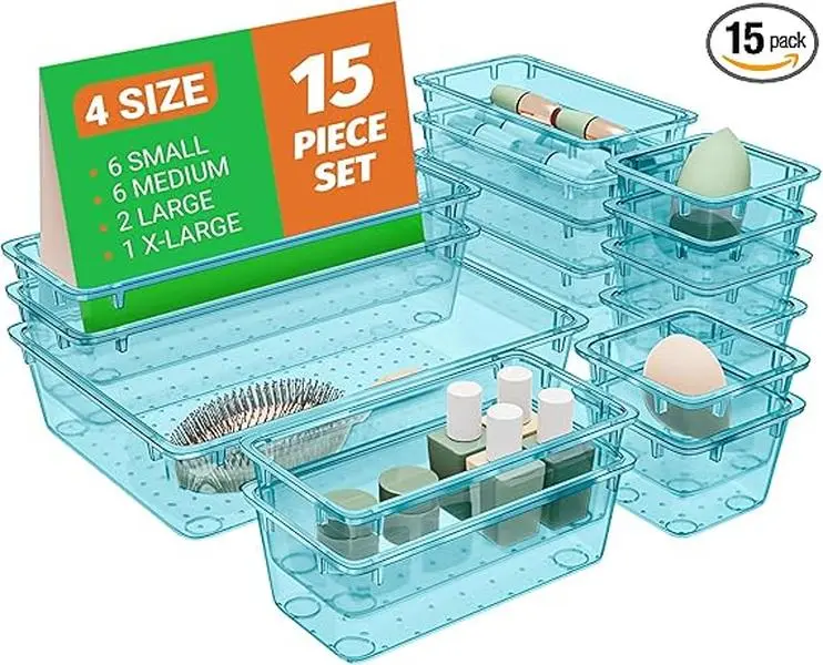 SpaceHacks 15 PCS Clear Plastic Drawer Organizer Set, 4-Size Acrylic Drawer Storage Trays, Storage Bins for Makeup, Gadgets, and Jewelry in Bathroom, Bedroom and Office, Clear Sea Blue