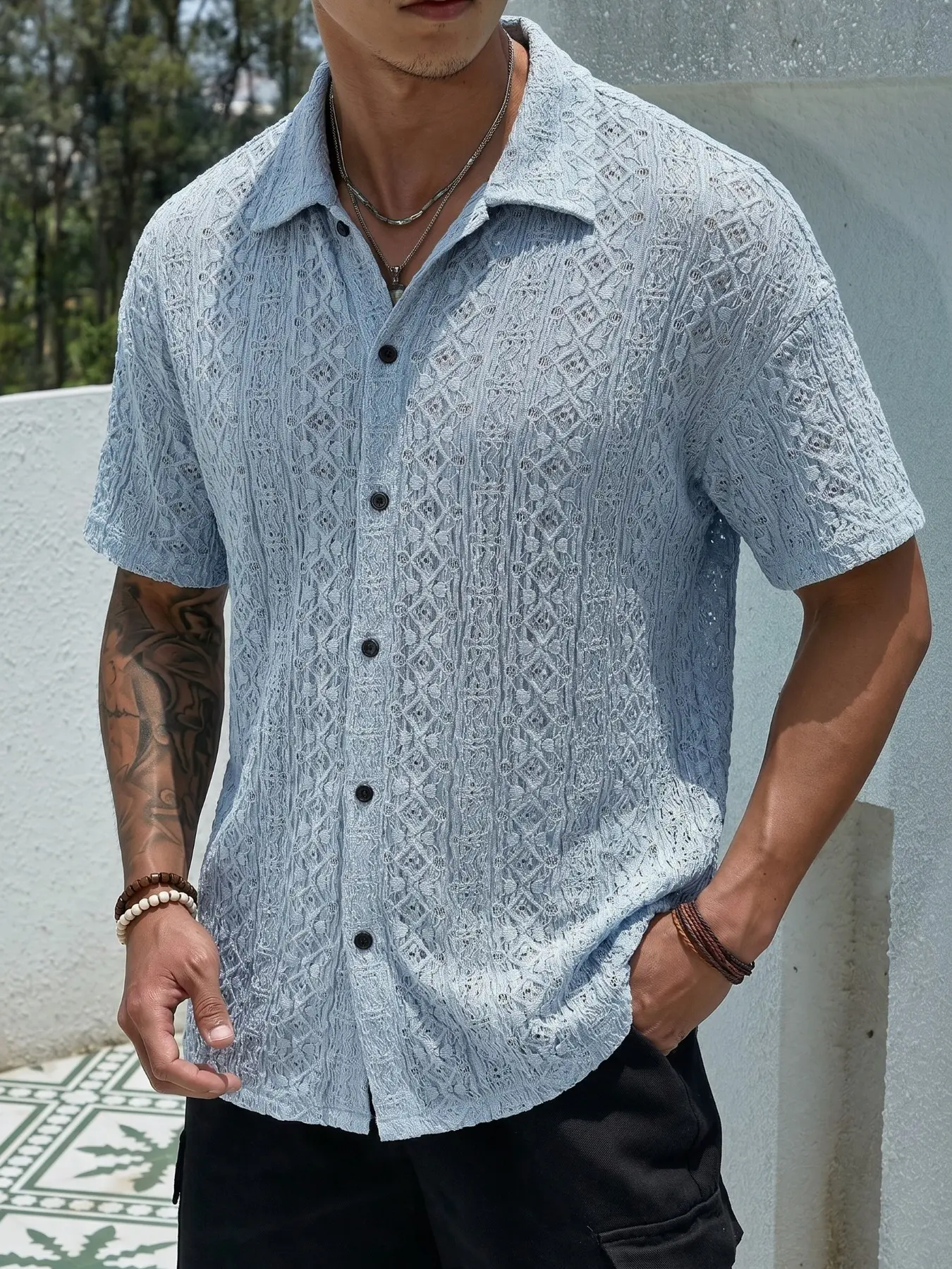Men's Vacation Casual Tropical Style, Spring Summer Crochet Mesh Design, Bohemian Texture Jacquard Fabric, Perfect for Holiday Beach Vacations, Shirts, Aloha Style Shirt, Casual Breathable Shirts, Summer Aesthetic Shirt