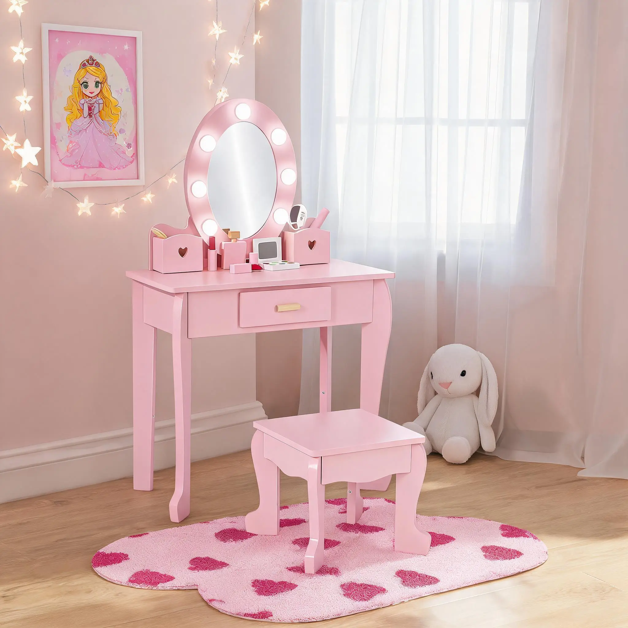 GARVEE Princess Style Kids Vanity Table and Chair Set with Lighted Mirror – Wooden Makeup Playset, Pretend Play, for Girls Ages 4-9, White/Pink/Purple (Batteries Not Included)