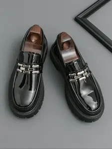 Men's Metal Decor Loafers, Thick Sole Height Increasing Comfort Anti-Slip Wear-Resistant Formal Shoes, Stylish Business Footwear, Pu Leather Loafers, Slip On Shoes