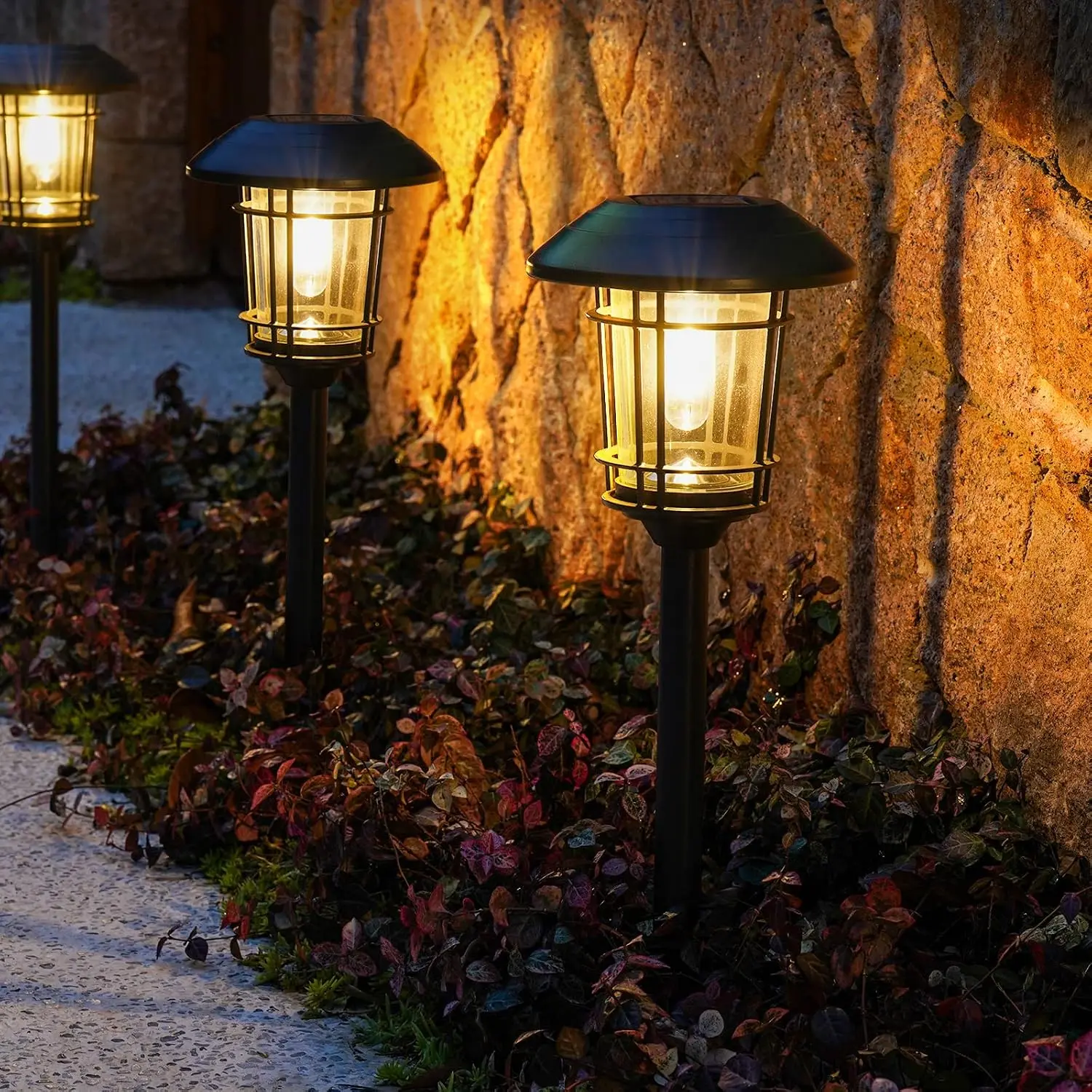 GRAND PATIO Solar Pathway Lights - Wireless Outdoor Glass LED Post Lights with Durable Steel&Alum Frame, Built-In Solar Panels, Auto-On/Off, Insert Base for Yard, Walkway