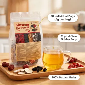 Premium Ginseng Five Treasures Conditioning Tea, replenishes kidney vitality, fights fatigue and refreshes body. Portable daily herbal drink, 150g (5g×30 Bags)Better blends,Herbal Tea,teajunkie