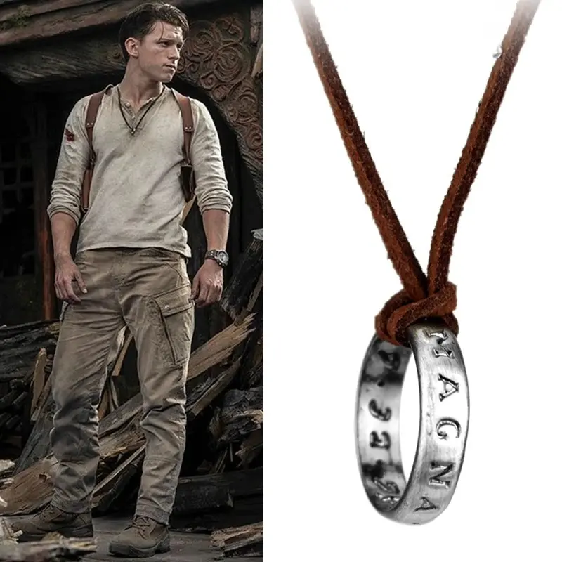 Game Uncharted 4 Necklace Game Character Nathan Drake Cosplay Pendant Ring Leather Chain Vintage Engraving Pendant Jewelry Props