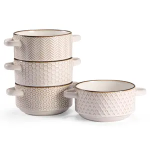 Ceramic Soup Bowls with Handles, 26.5 oz, Set of 4, Cream/Copper, Narbonne Collection Ceramic Soup Bowls with Handles, 26.5 oz, Set of 4, Cream/Copper, Narbonne Collection
