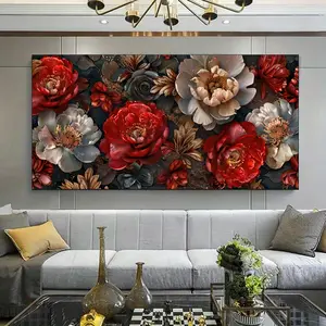 1 piece framed canvas painting - Large size peony canvas art print, rich red and pink with detailed background, interior decoration | Modern canvas art | realistic floral art, canvas wall art, suitable for living room, bedroom, office decoration