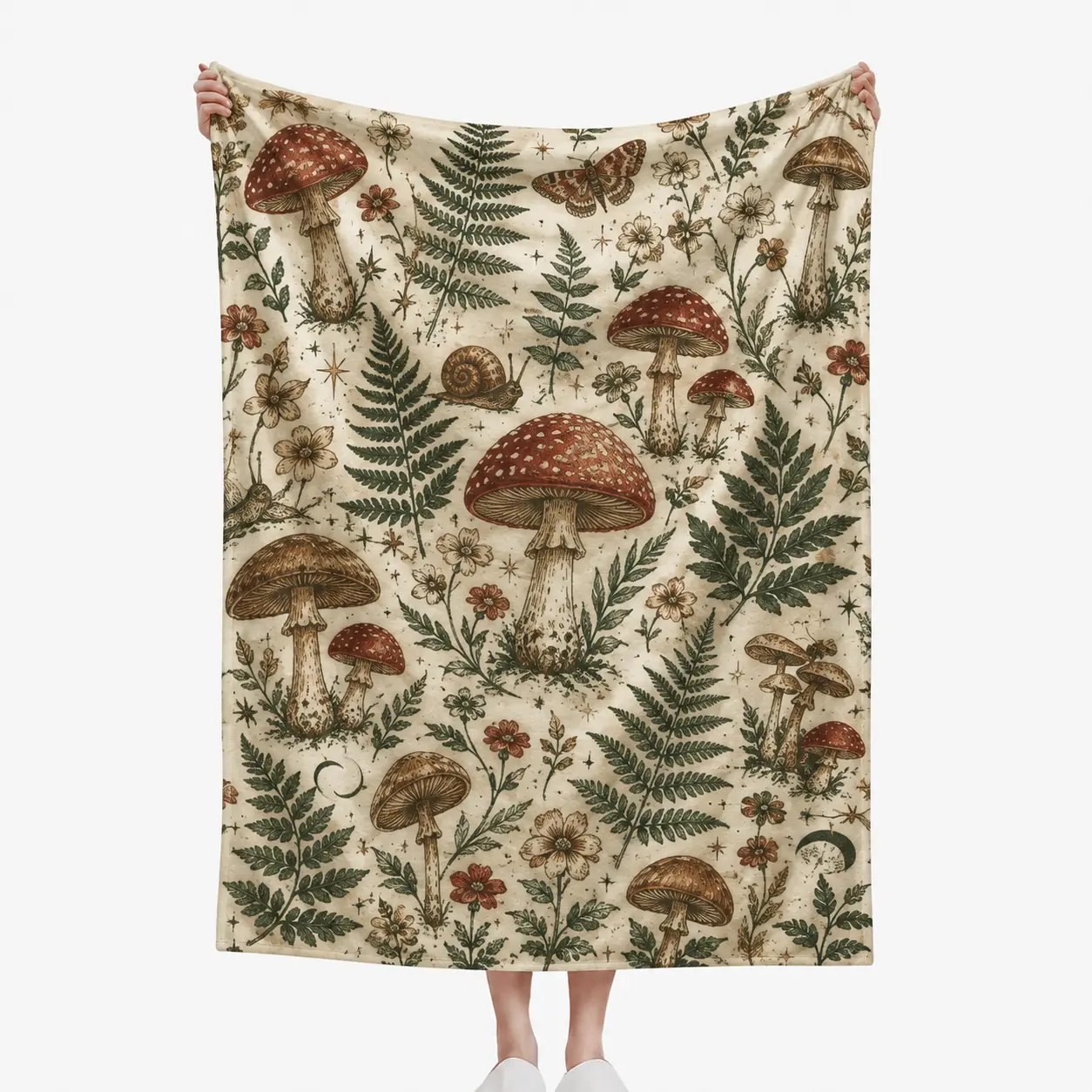 Vintage Mushroom & Fern Flannel Throw Blanket, Cottagecore Woodland Botanical Print, Soft Cozy Lightweight Warm Blanket for Sofa, Bed, Couch, Camping & Bedroom Decor, Machine Washable Gift for Nature Lovers