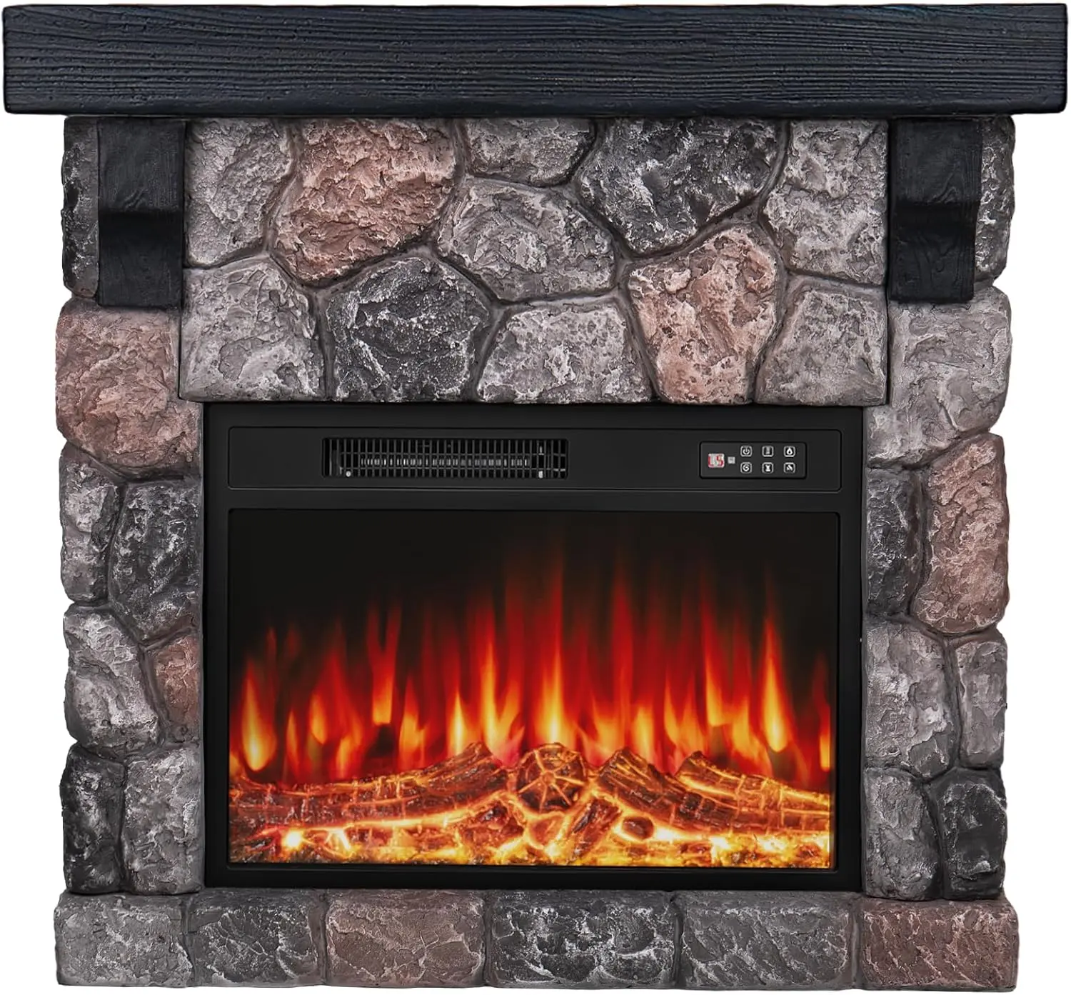 PUKAMI 36" Freestanding Electric Fireplace TV Stand with Wood Mantel - 23in Stone Veneer Insert, 1500W Rapid Heating, Remote Control, Timer, Realistic Flame Effect, 5 Flame Speeds, Faux Stone Gray for Living Room