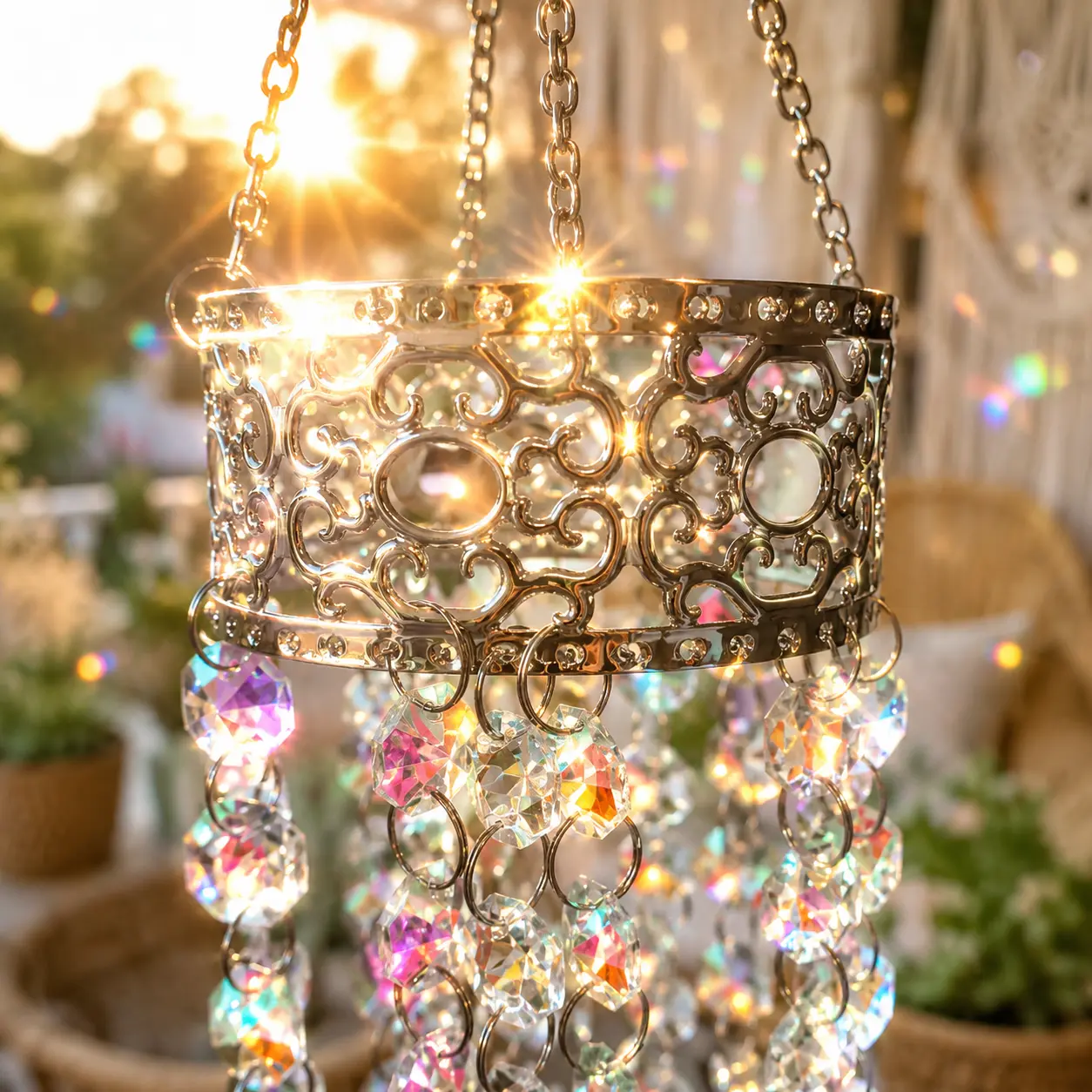 Handmade Synthetic Crystal Sun Catcher with Silver Flower Crown - Colorful Rainbow Maker Prism Decoration, Hanging Durable Glass Ornament for Home Wedding, Garden Decor Gift