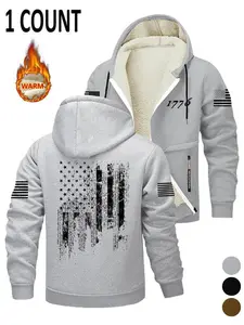 Men's American Flag Hooded Sweatshirt, Fleece Lined Zipper Jacket, Casual Geometric Pattern, Winter Wear, Multiple Colors Available