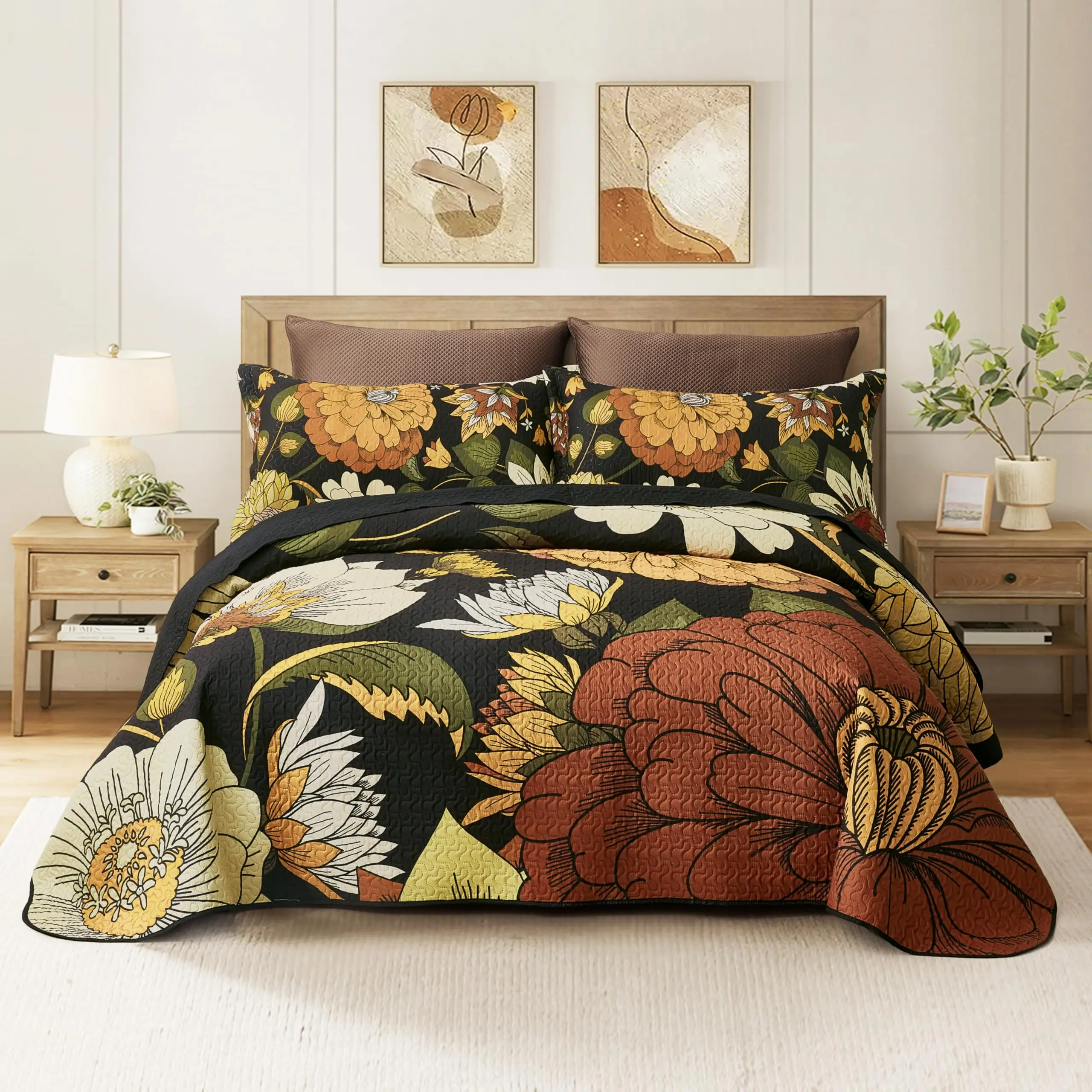 Tyrot 3 Piece Boho Floral Quilt Sets Farmhouse Botanical Reversible Lightweight Bedspread Coverlet with 2 Shams Mid Century Leaves Microfiber Bedding