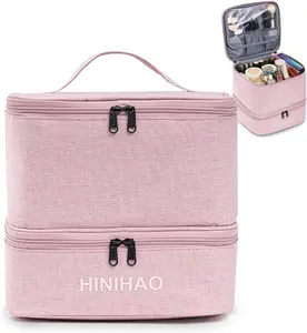 Pink Double Layer Travel Makeup Bag,Extra Large Cosmetic Bag, Large Cosmetic Case Toiletry Bag 30 Sponge Compartments Inside Hold Nail Polish Make up Organizer for Women(9.1"x8.6"x9.8" pink)