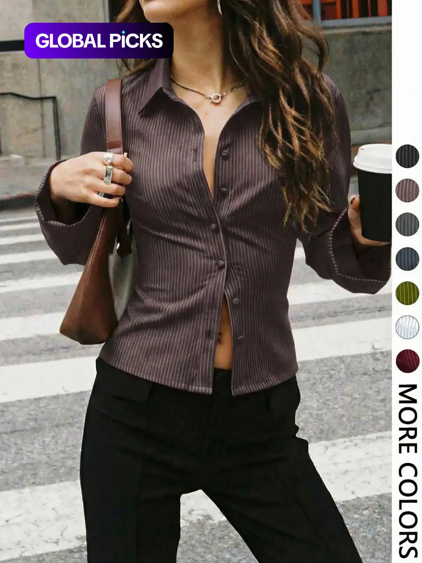 Women's V-Neck Button Front Blouse, Long Sleeve Slim-Fit Casual Shirt, Striped Pattern, Spring & Fall Fashion, Daily Wear