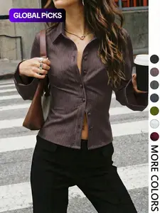 Women's V-Neck Button Front Blouse, Long Sleeve Slim-Fit Casual Shirt, Striped Pattern, Spring & Fall Fashion, Daily Wear