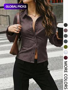 women's all over striped print button front shirt, fitted casual long sleeve blouse for spring & fall, ladies clothes for daily wear, going out tops, womenswear, long sleeve shirts