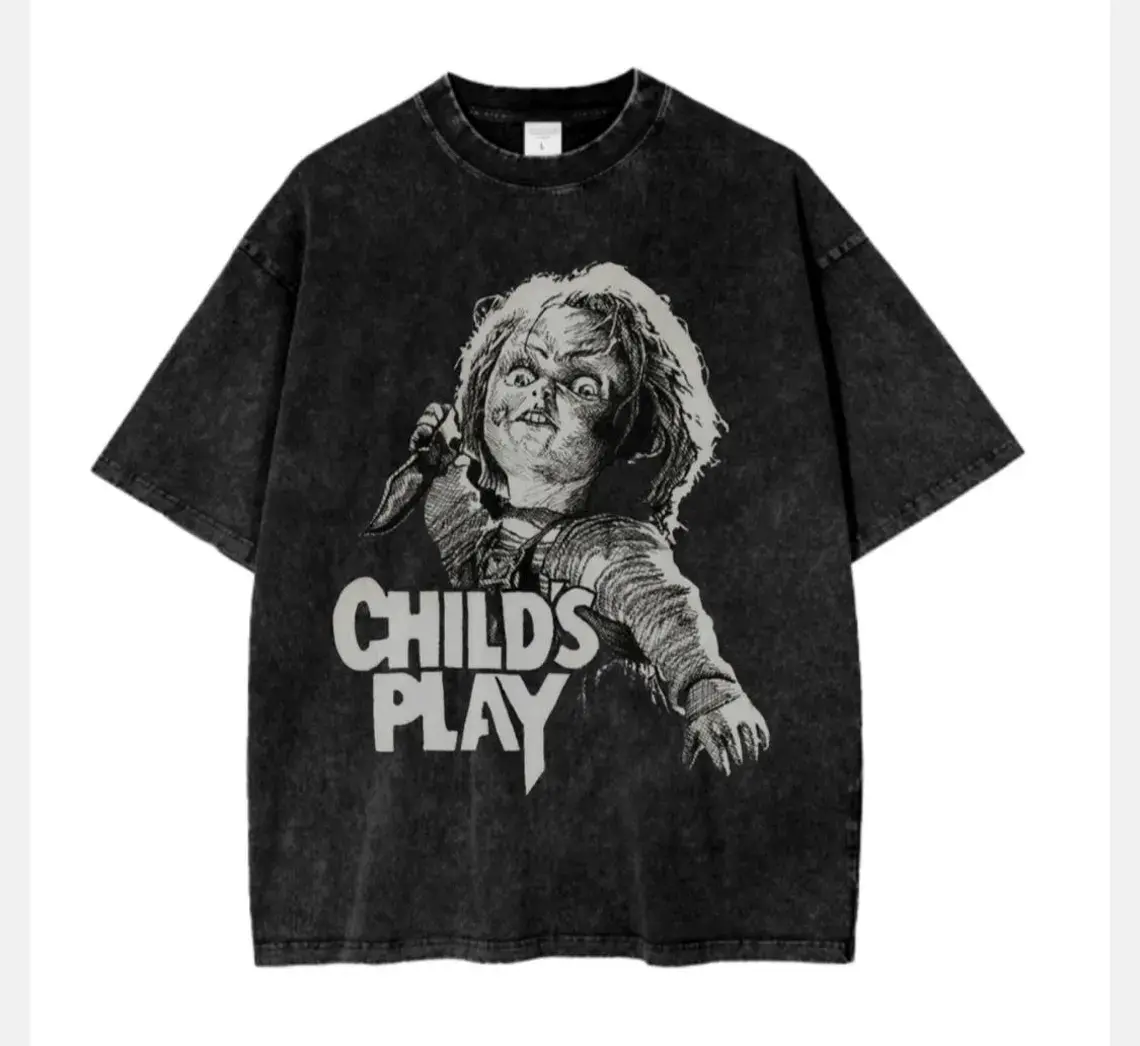 Men's Unisex Classic Chucky Short-Sleeve Cotton T-Shirt, Retro Horror Slasher Film Streetwear, Breathable Casual Vintage Aesthetic Halloween Party Gift for Fans, Shortsleeve, Fabric