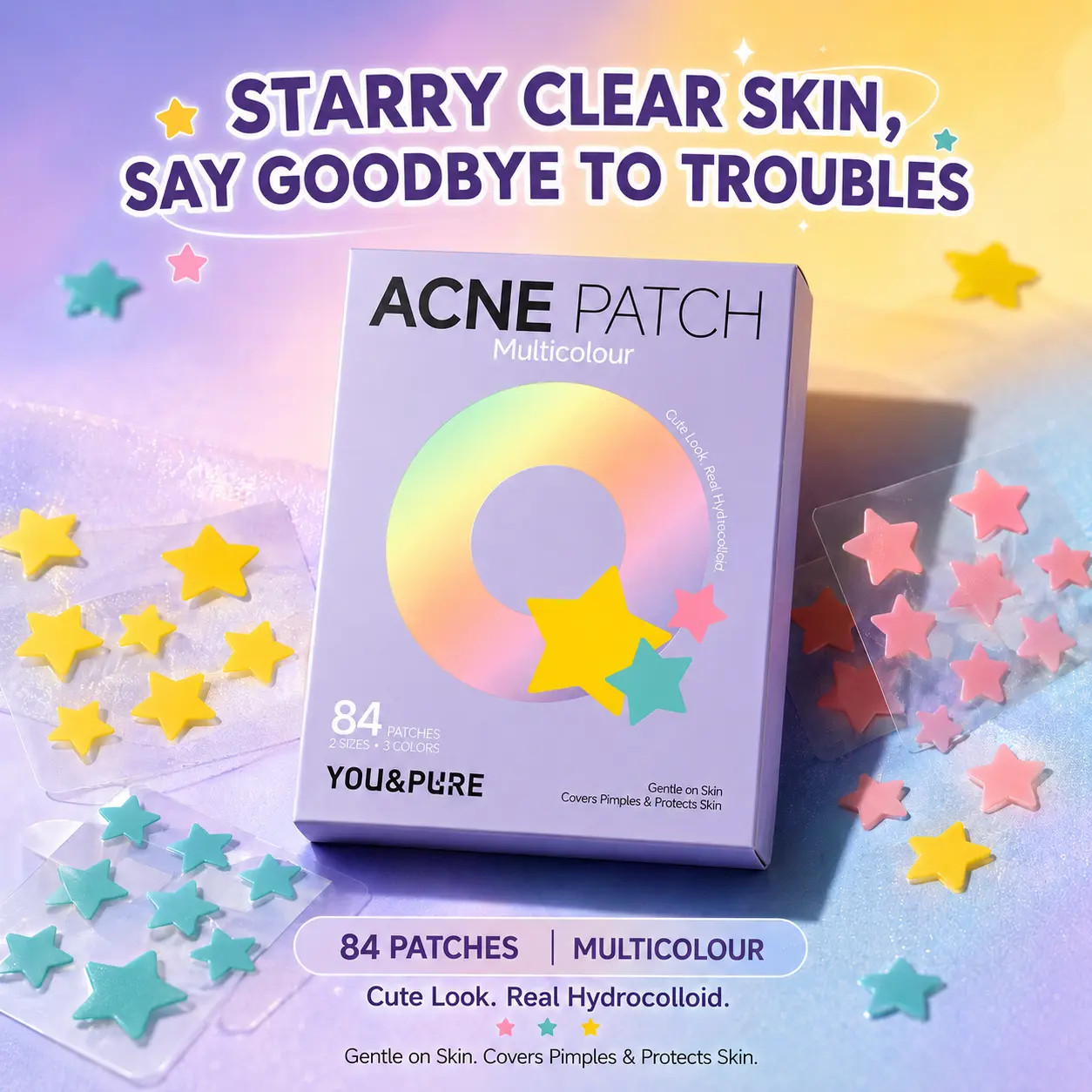 Star Acne Patches, Daily Makeup & Night Treatment Zit Healing Hydrocolloid Patch with Tea Tree  & Centella Asiatica, Waterproof Invisible Star Pimple Patch for Sensitive Skin, Prevent Acne Scars Redness, Plant Repairing