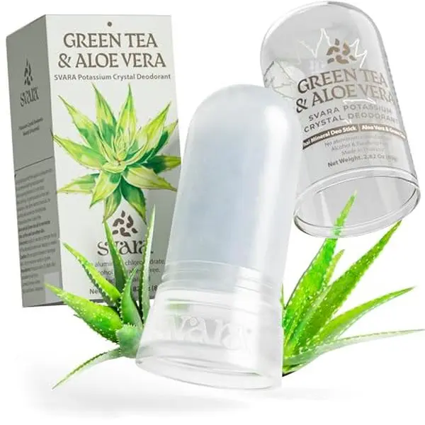 SVARA Natural Alum Crystal Deodorant Stick, Green Tea & Aloe Vera | for Women & Men – Potassium Alum Stone for Odor Control,Non-Sticky Mineral Rock Design for Daily Freshness & Easy Application