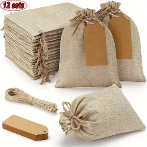 12set Burlap Gift Bags with Drawstring, Party Favor Gift Bags and Gift Tags & String, Linen Sacks Wedding Gift Bags for Party, Jewelry Pouches, Art and DIY Craft Bags, Gift Packaging