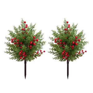 2-Piece 20-Inch Christmas Tree Set, Artificial Pine Needles, Berry Decorations, Faux Bushes, Outdoor Pathway Garden Decoration
