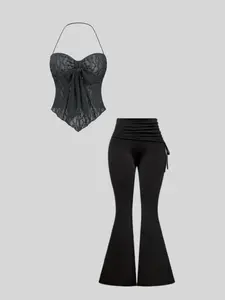 Two-Piece Matching Set Women's Solid Color Knit Halter Crop Fitted Tank Top & Flare Leg Pants, Elegant Fashion Casual for Daily Outdoor Wear, Ladies Outfit for Summer